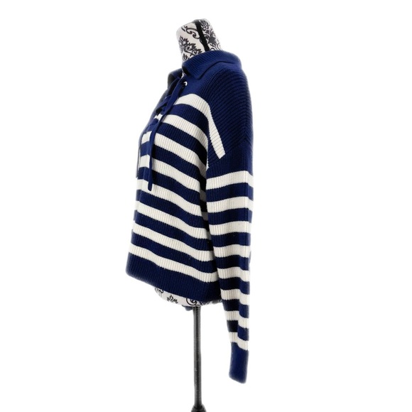 For the Republic Rugby Collar Navy & White Striped Lace up Nautical Soft Sweater - Picture 9 of 10